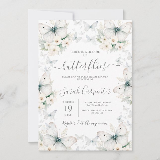 White Butterflies Bridal Shower Invitation (Front)