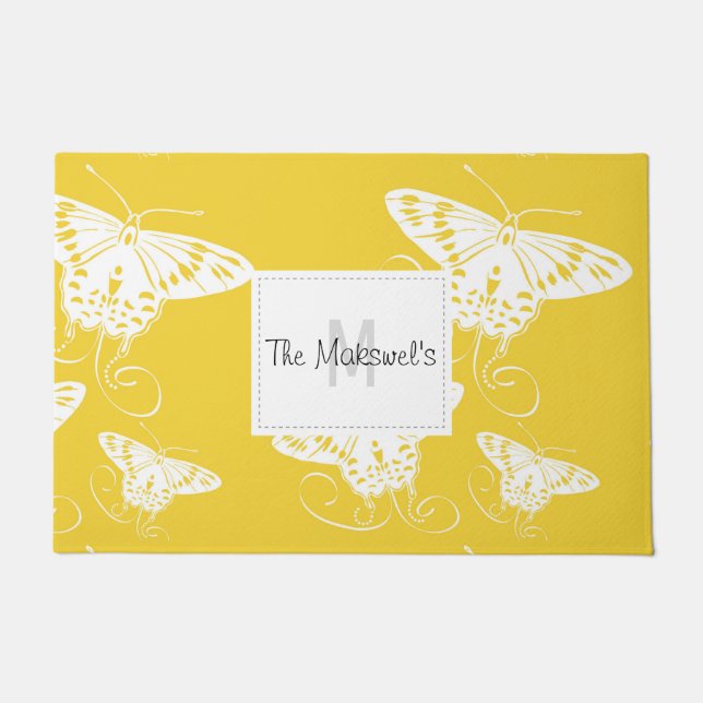 White Butterflies Bright Yellow Background Doormat (Front)