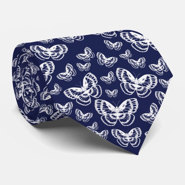 White Butterflies on Blue Tie (Rolled)