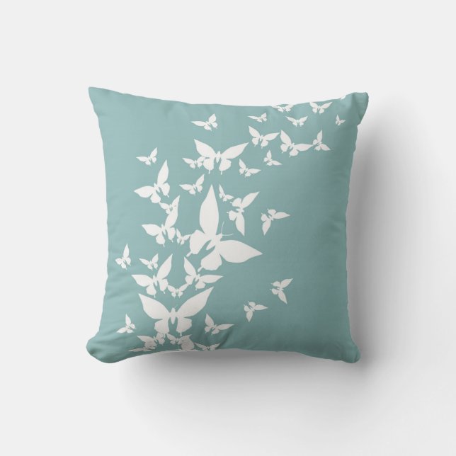 White Butterflies on Turquoise Cushion (Front)