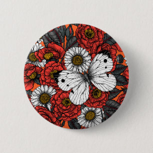 White butterfly and roses 6 cm round badge