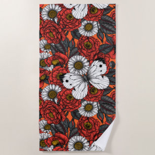 White butterfly and roses beach towel