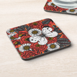White butterfly and roses coaster