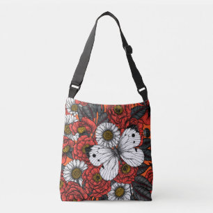 White butterfly and roses crossbody bag