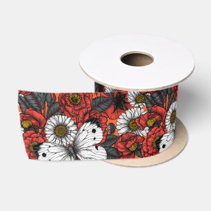 White butterfly and roses satin ribbon