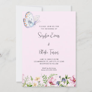 White Butterfly and Wildflowers Pale Pink Wedding Invitation