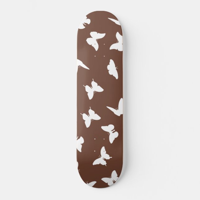 White Butterfly Brown Background Cute Aesthetic Skateboard (Front)