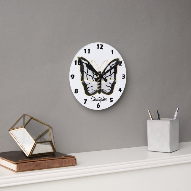 White Butterfly Design Personalised Round Clock (Office)