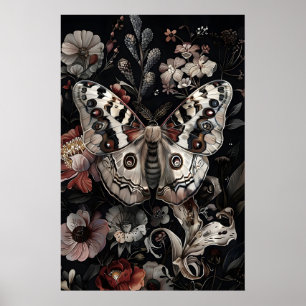 White butterfly in dark flower garden, moody moth poster
