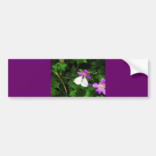White Butterfly on Purple Flowers Bumper Sticker
