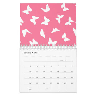 White Butterfly Pink Background Aesthetic Pattern Calendar