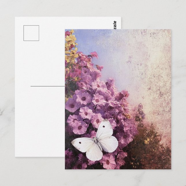 White Butterfly Purple Flowers Impressionist Postcard (Front/Back)