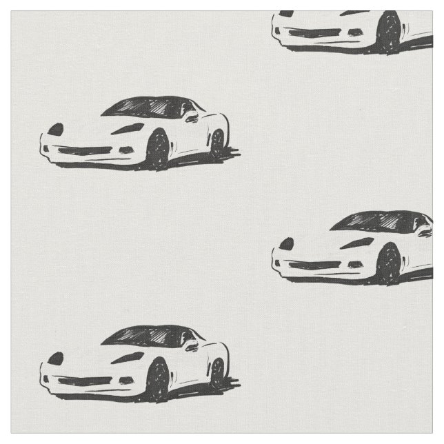White C6 Corvette Hand Drawn Sketch Fabric (Close Up)