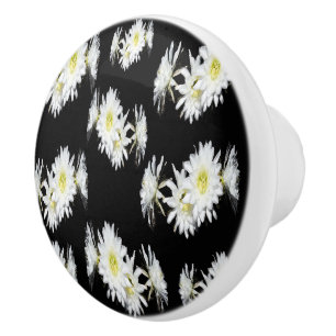White Cactus Flowers On Black, Ceramic Knob