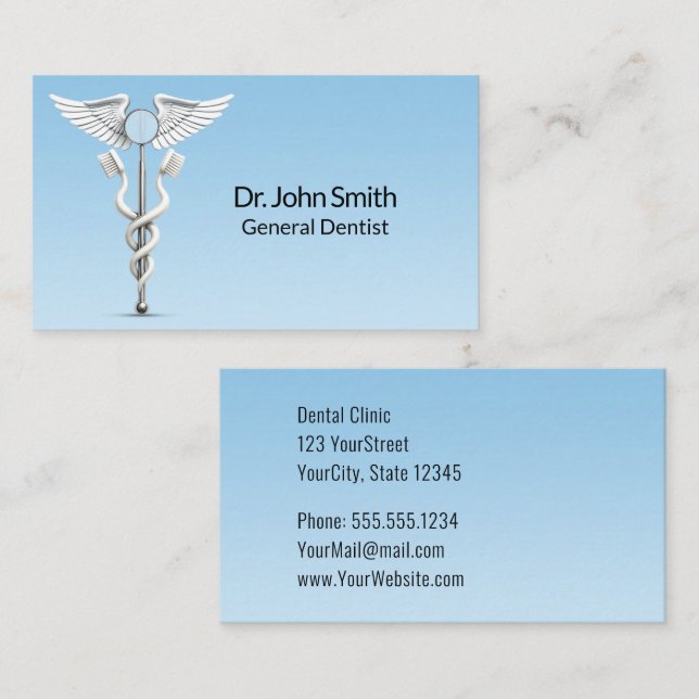 White Caduceus Dental Mirror Toothbrush Medical Business Card (Front/Back)