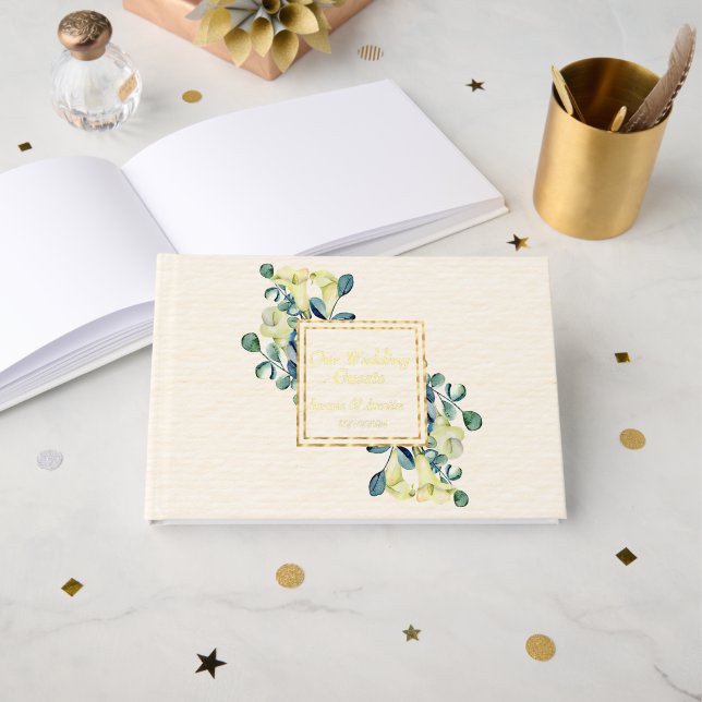 White Calla Lilies and Eucalyptus Guest Book (Front Open)