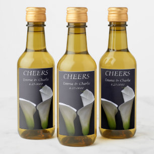White calla lilies on black wedding wine label