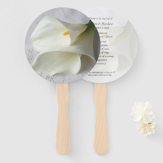White calla lilies on linen program  hand fan (Front and Back)