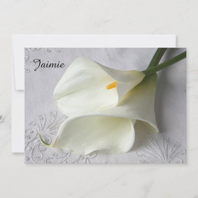 White calla lilies on linen thanks maid of honour announcement (Front)