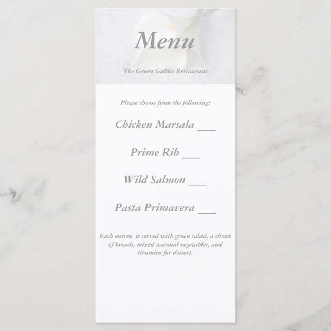 white calla lilies on linen wedding menu card (Front)
