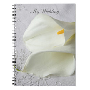 White calla lilies on linen wedding spiral notebook