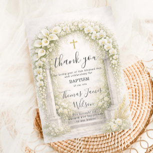 White Calla Lilies & Orchids Baptism Christening Thank You Card