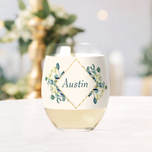 White Calla Lily and Eucalyptus Stemless Wine Glass