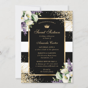 White Calla Lily Black Gold Sweet 16 Birthday Invitation