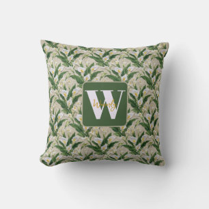 White Calla Lily Embroidery Floral Monogram Cushion