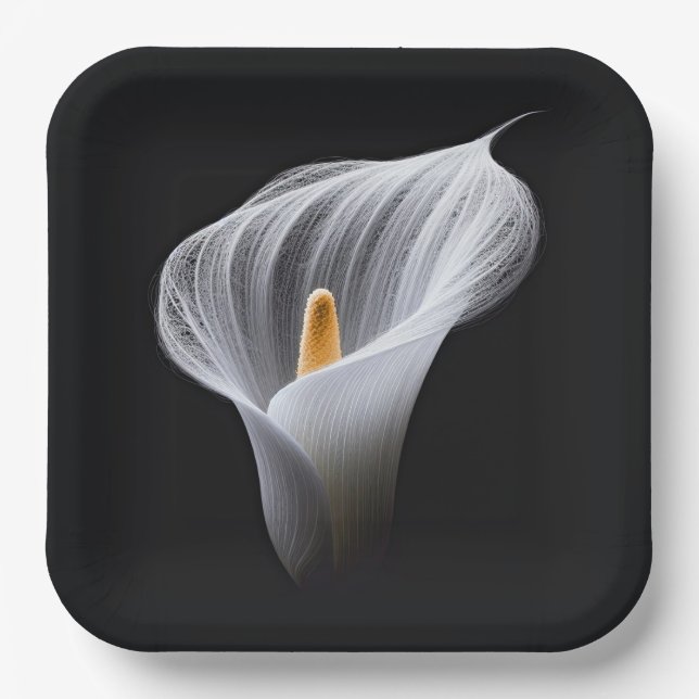 White Calla Lily On Black Paper Plate (Front)