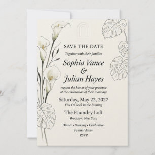 White Calla Lily, Outline Monstera Leaf, Arch Moti Invitation