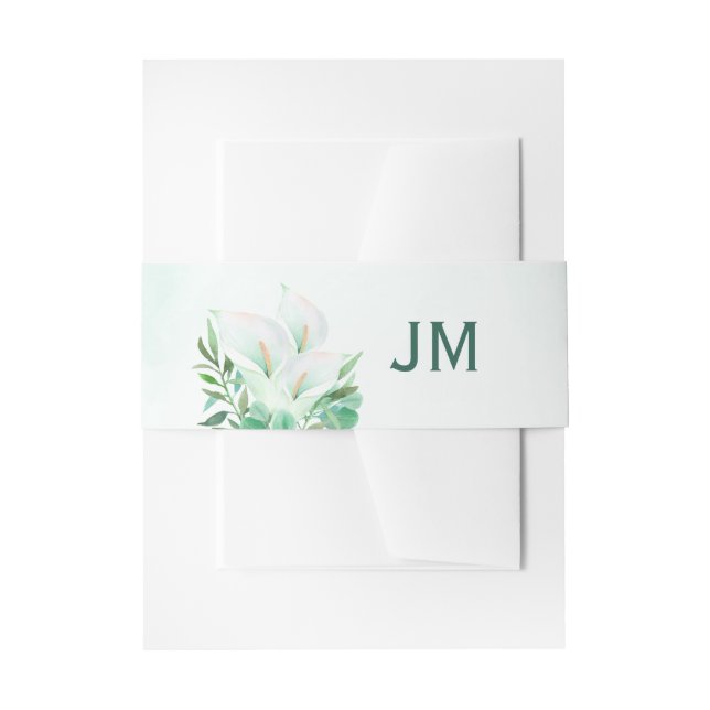 White Calla Lily Watercolor Monogram Wedding Invitation Belly Band (Front Example)