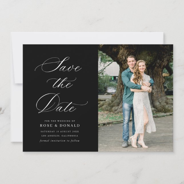 White calligraphy black wedding save the date card (Front)