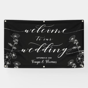 White Calligraphy Floral Black Welcome Wedding Banner