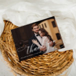 white calligraphy lettering wedding photo thank you card<br><div class="desc">A double sided thank you wedding card with a wonderful image of the newly weds and calligraphy text. Add a personal thank you message and your own wedding photo.</div>