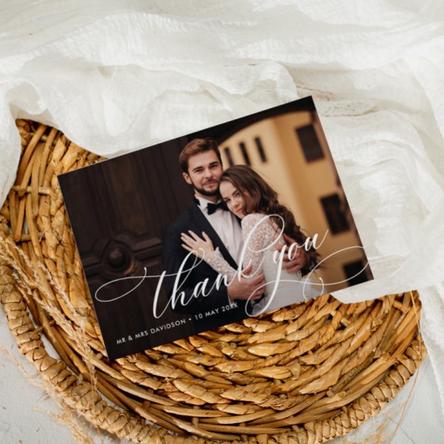 white calligraphy lettering wedding photo thank you card (Creator Uploaded)