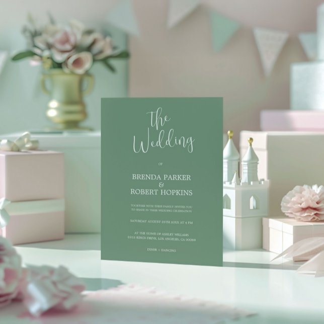 White Calligraphy On Sage Green Wedding Invitation (Creator Uploaded)