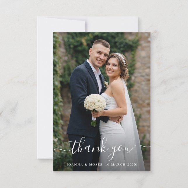 White Calligraphy Script Modern Photo Wedding Thank You Card (Front)