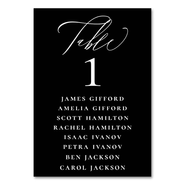 White Calligraphy Seating Chart Black Table Number (Front)