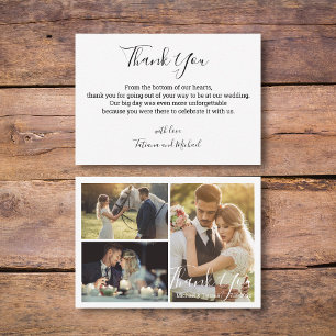 white calligraphy wedding photo collage thank you card