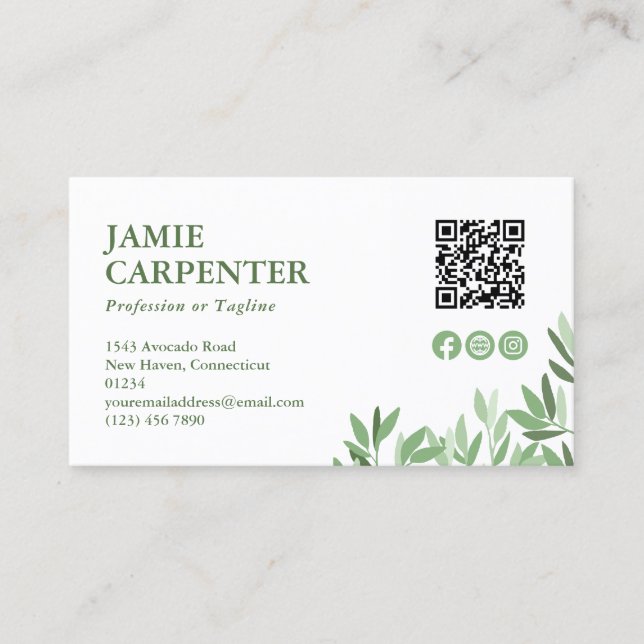 White Calm Greenery QR Code Photo Social Media Business Card (Front)