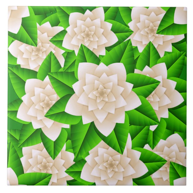 White Camellias and Green Leaves Tile (Front)