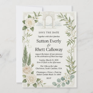 White Camellias, Olive Branches, Lake Arch Vignett Invitation