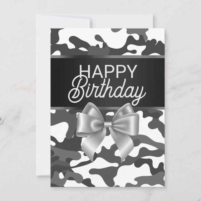 White Camo & Bow Happy Birthday Day Card (Front)