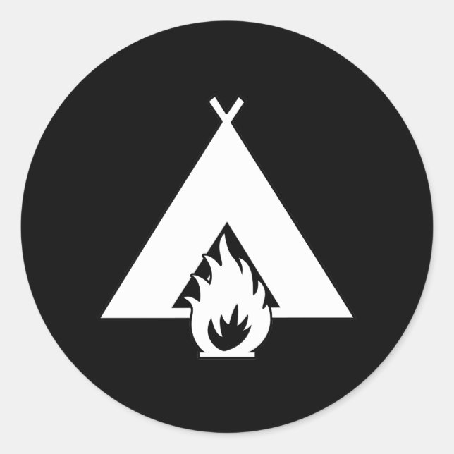 White Campfire and Tent Symbol for Dark Background Classic Round Sticker (Front)