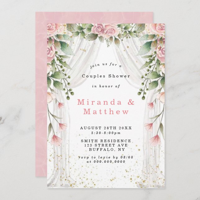 White Canopy Pink Floral Couples Shower Invites (Front/Back)