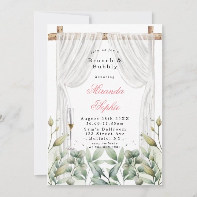 White Canopy Pink Florals Brunch & Bubbly Invites (Front)