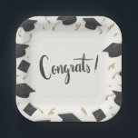 White Cap & Confetti Graduation Congrats Paper Plate<br><div class="desc">🎓Celebrate your graduate’s big moment with these stylish White Cap & Confetti Graduation Congrats Paper Plates. Designed with a clean white background and accented by a festive border of black graduation caps and shimmering gold streamers, these plates bring a bright, modern touch to any commencement celebration. The elegant “Graduation” script...</div>