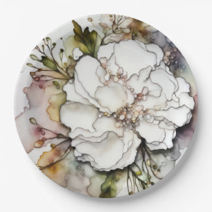 White Carnation Alcohol Ink Abstract Paper Plate