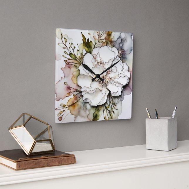 White Carnation Alcohol Ink Abstract Square Wall Clock (Office)